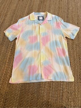 Marshalls Pastel Tie-Dye Short Sleeve Button-Down Shirt - Pink, Blue, Yellow